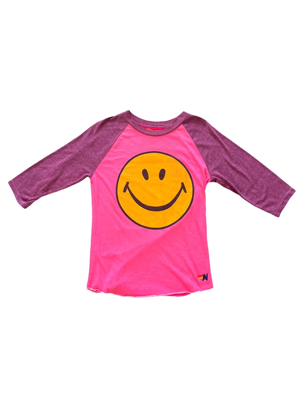 Aviator Nation Pink Raglan Tee with Purple Sleeves & Yellow Smiley